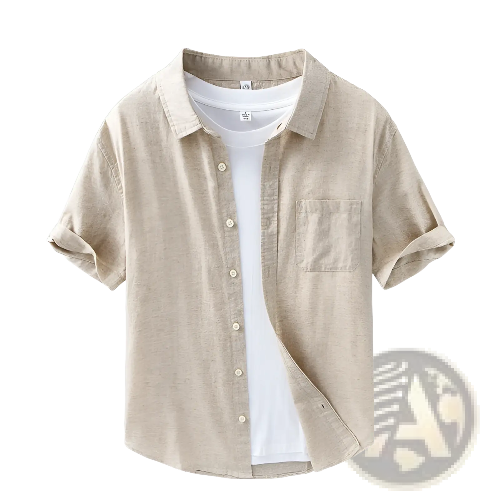 Beige men’s lightweight loose fit linen short sleeve shirt with subtle textured weave and chest pocket