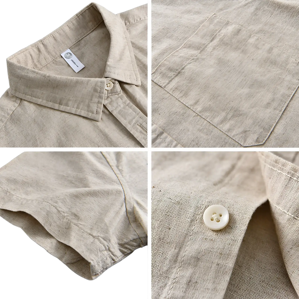 Beige linen short-sleeved men’s shirt with button-down collar and matching buttons lightweight loose fit