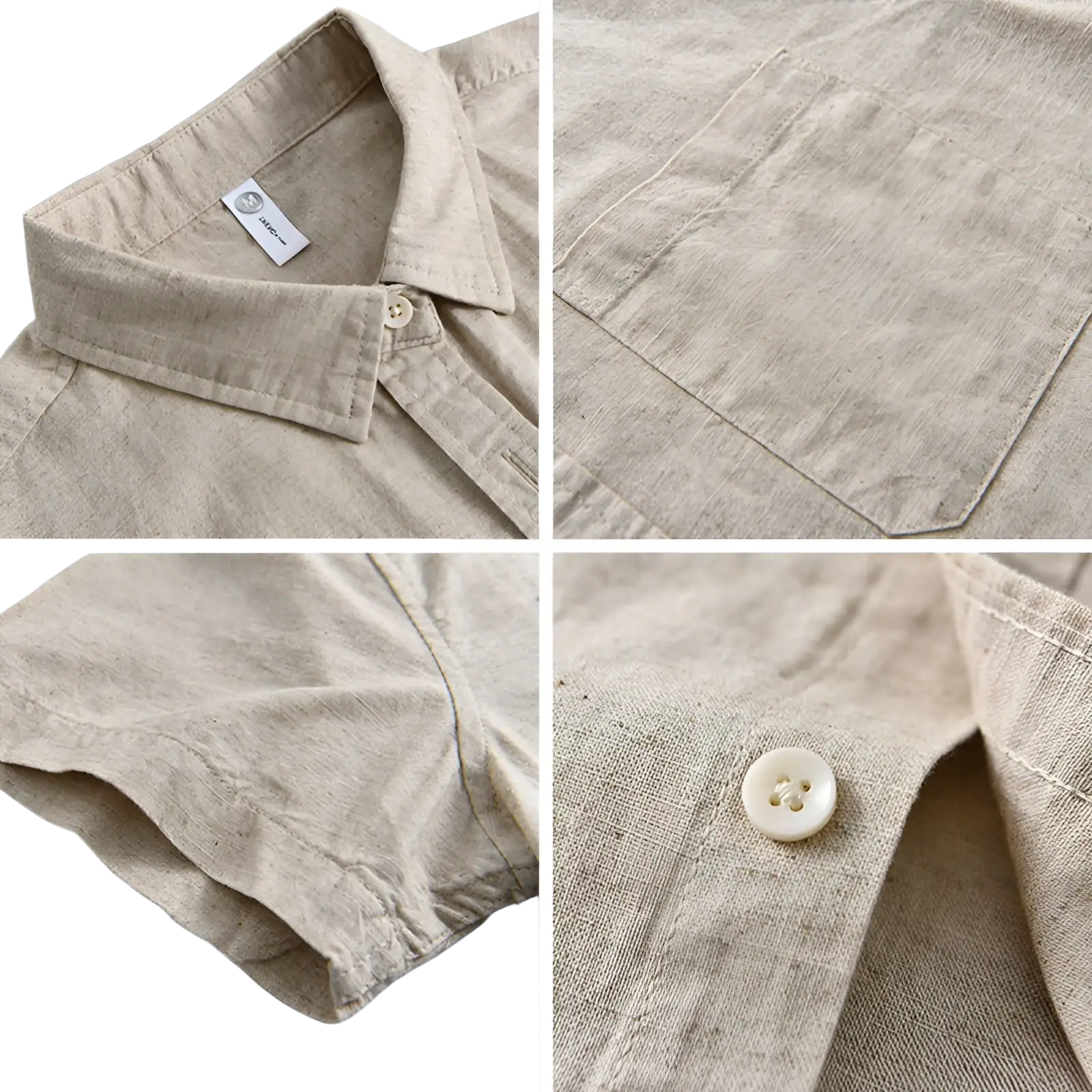 Beige linen short-sleeved men’s shirt with button-down collar and matching buttons lightweight loose fit