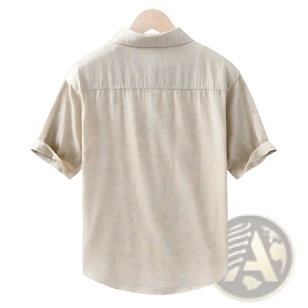 Beige lightweight loose fit linen short sleeve shirt for men with collar and rolled cuffs