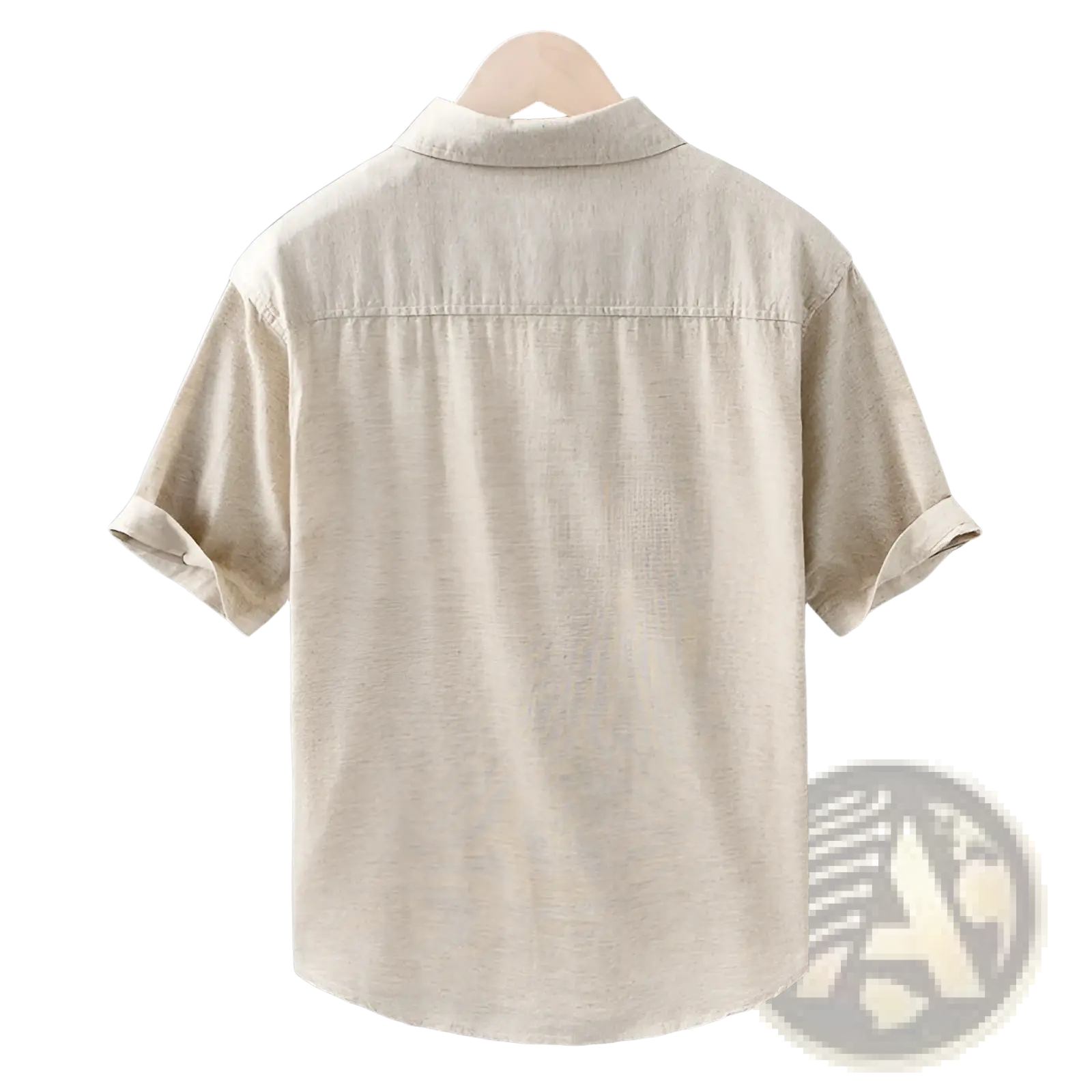 Beige lightweight loose fit linen short sleeve shirt for men with collar and rolled cuffs