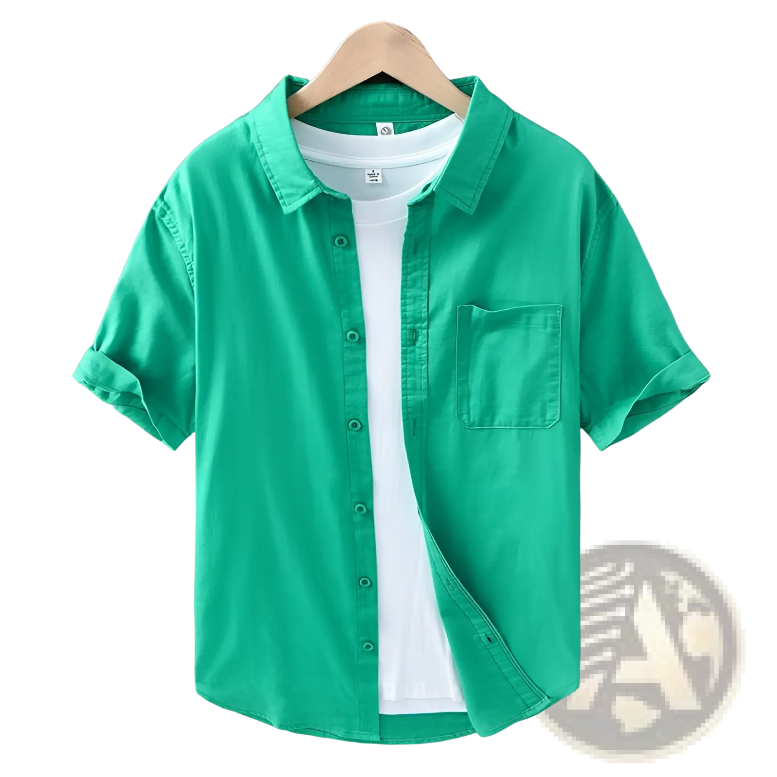 Men’s vibrant green lightweight loose fit linen short sleeve shirt with classic collar and chest pocket on wooden hanger