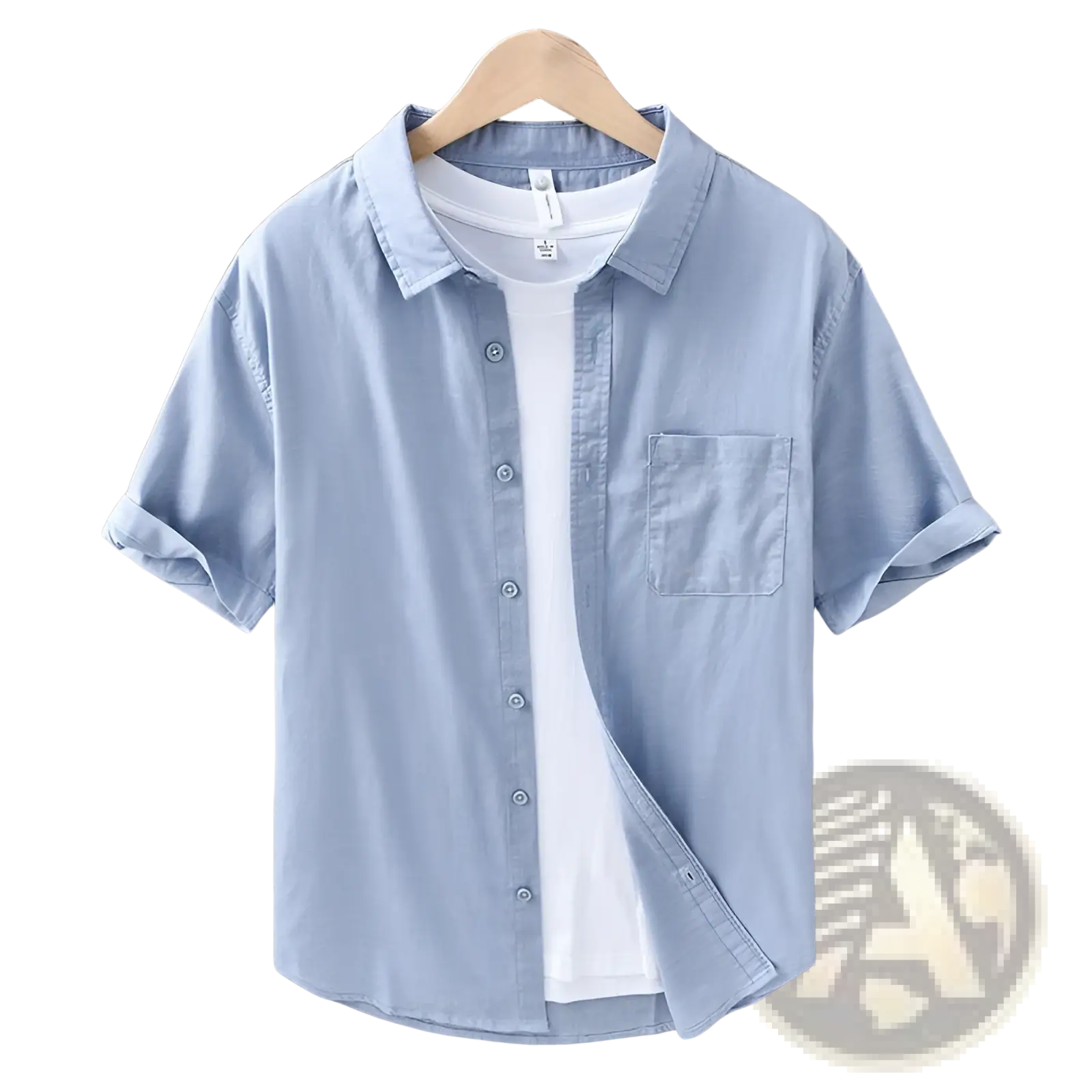 Men’s lightweight loose fit linen short sleeve shirt in light blue with chest pocket and rolled cuffs