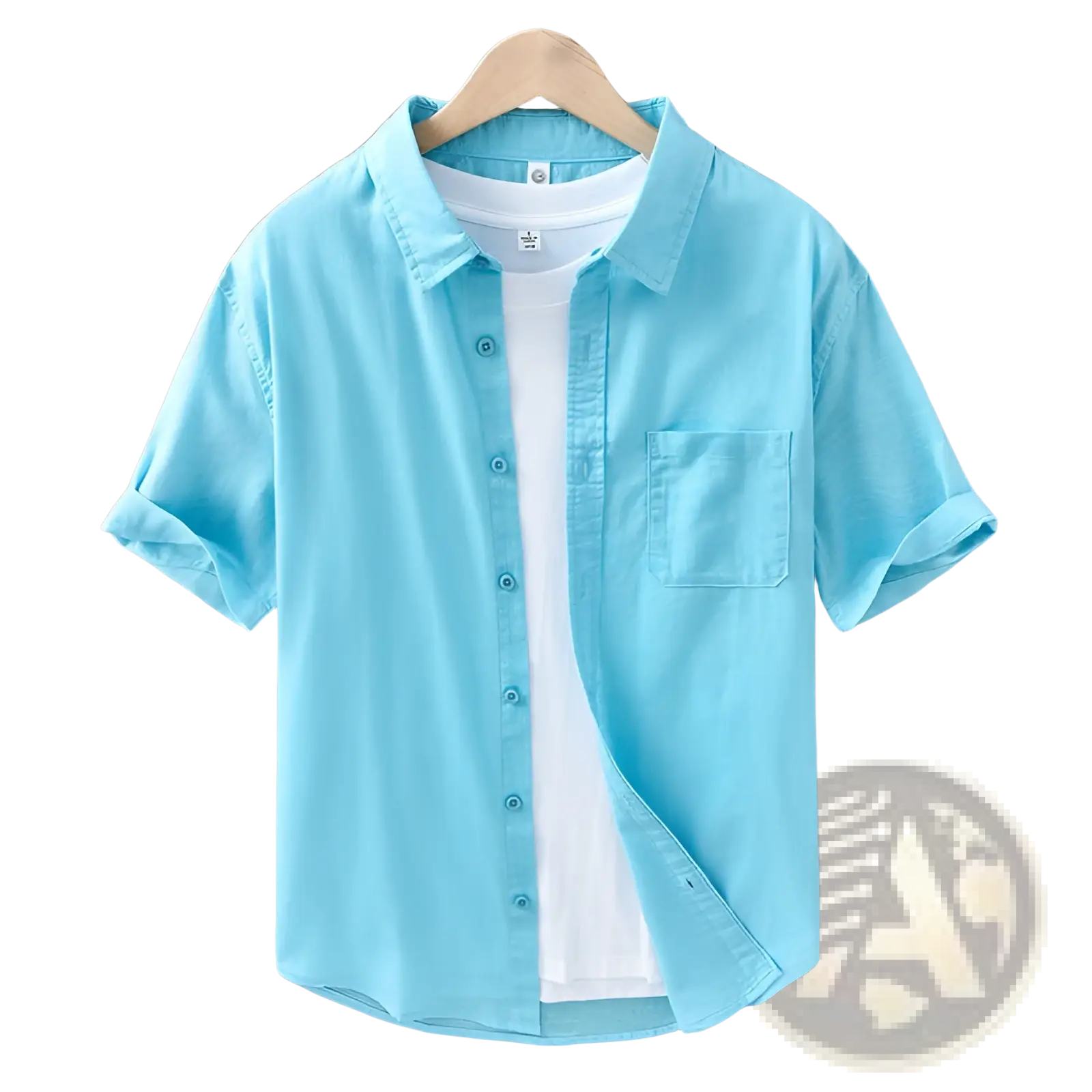 Light blue short-sleeved button-up shirt with a chest pocket and rolled cuffs.