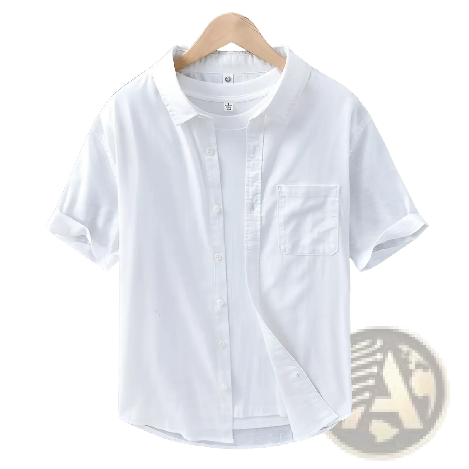 Men’s lightweight loose fit white linen short sleeve shirt with collar and chest pocket hanging on wooden hanger
