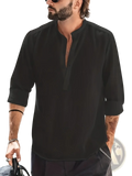Men’s lightweight black cotton shirt with mandarin collar and three-quarter sleeves suitable for casual wear