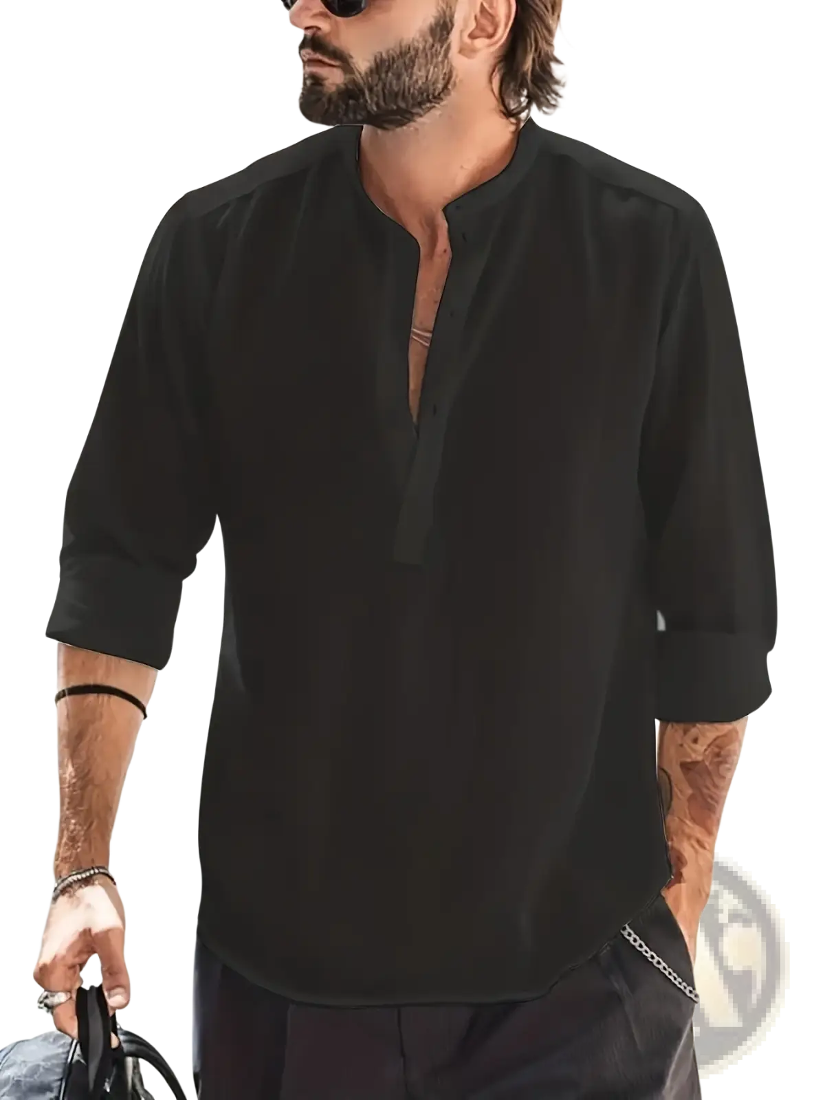 Men’s lightweight black cotton shirt with mandarin collar and three-quarter sleeves suitable for casual wear