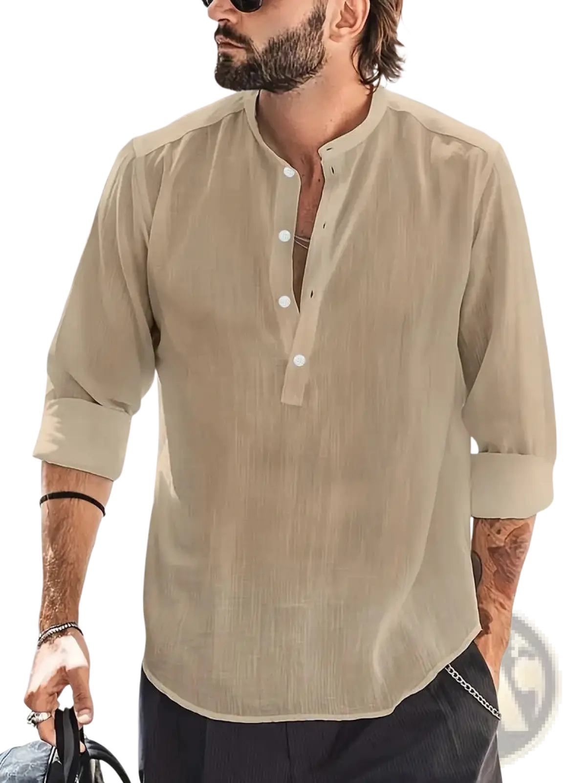 Beige men’s lightweight mandarin collar linen and cotton shirt with button down and rolled sleeves