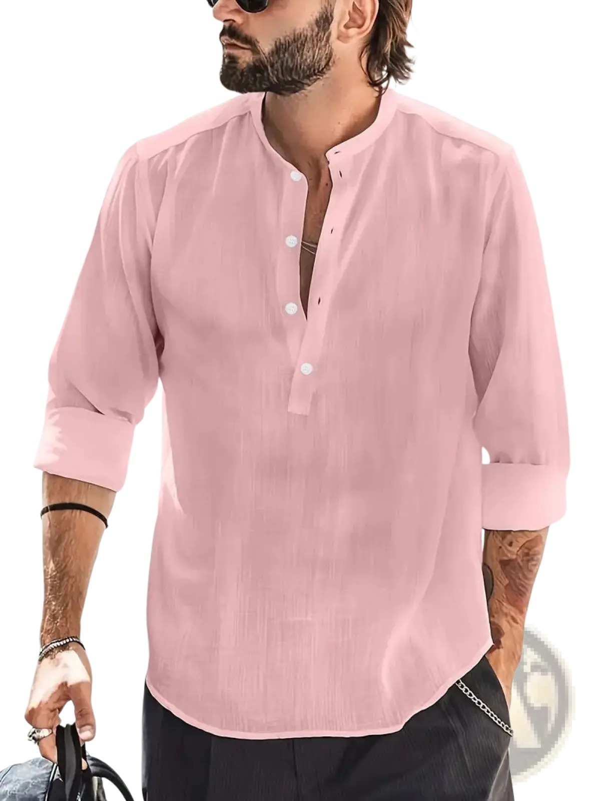 A light pink men’s lightweight mandarin collar linen and cotton shirt with long sleeves and rolled cuffs