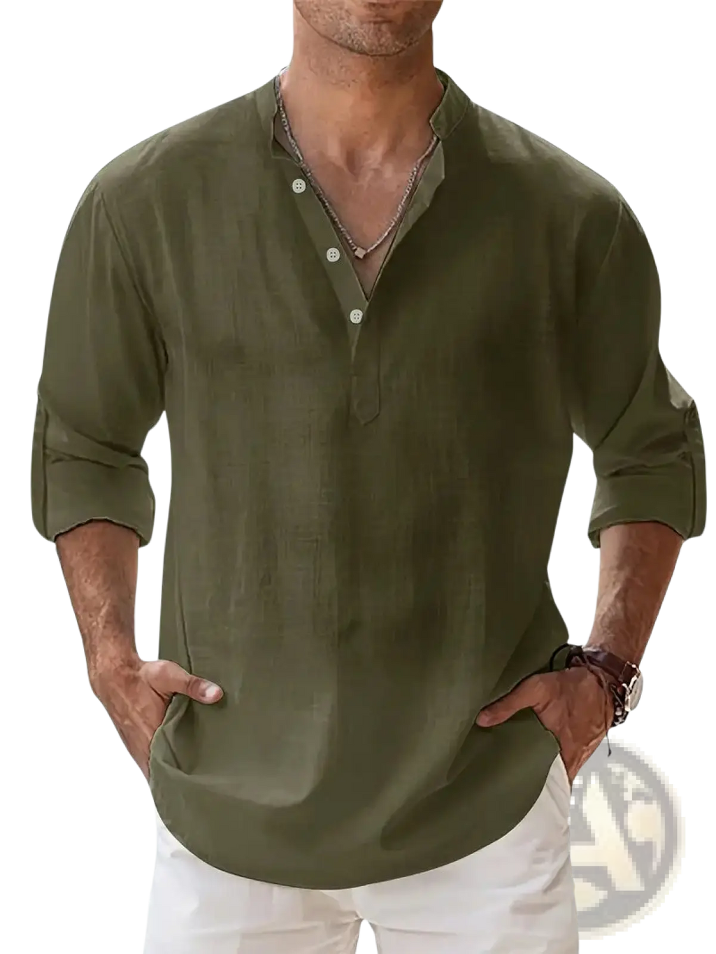 Men’s olive green long-sleeved lightweight mandarin collar linen and cotton shirt with rolled cuffs and relaxed fit