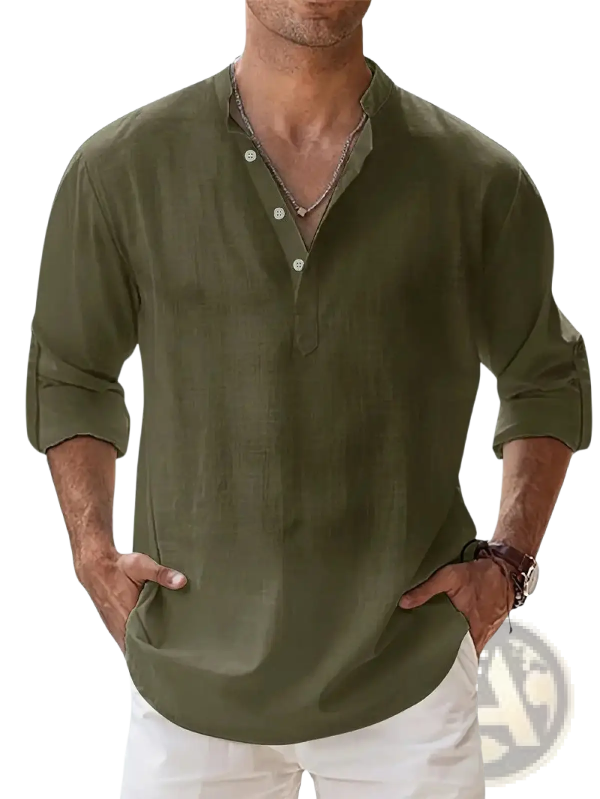 Men’s olive green long-sleeved lightweight mandarin collar linen and cotton shirt with rolled cuffs and relaxed fit