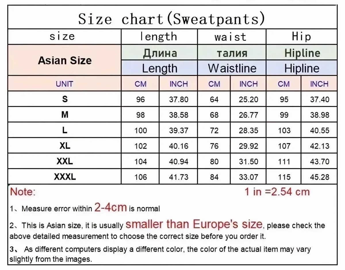Men’s lightweight printed joggers casual sports pants asian size chart showing waist hip and length in cm and inches