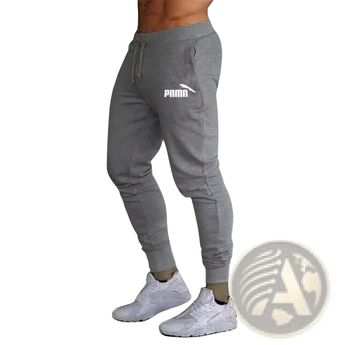 Men’s lightweight gray puma joggers with white logo on thigh and elastic cuffs for casual sportswear