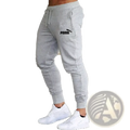 Men’s lightweight gray puma jogger pants with a black logo on the thigh designed for casual sports use