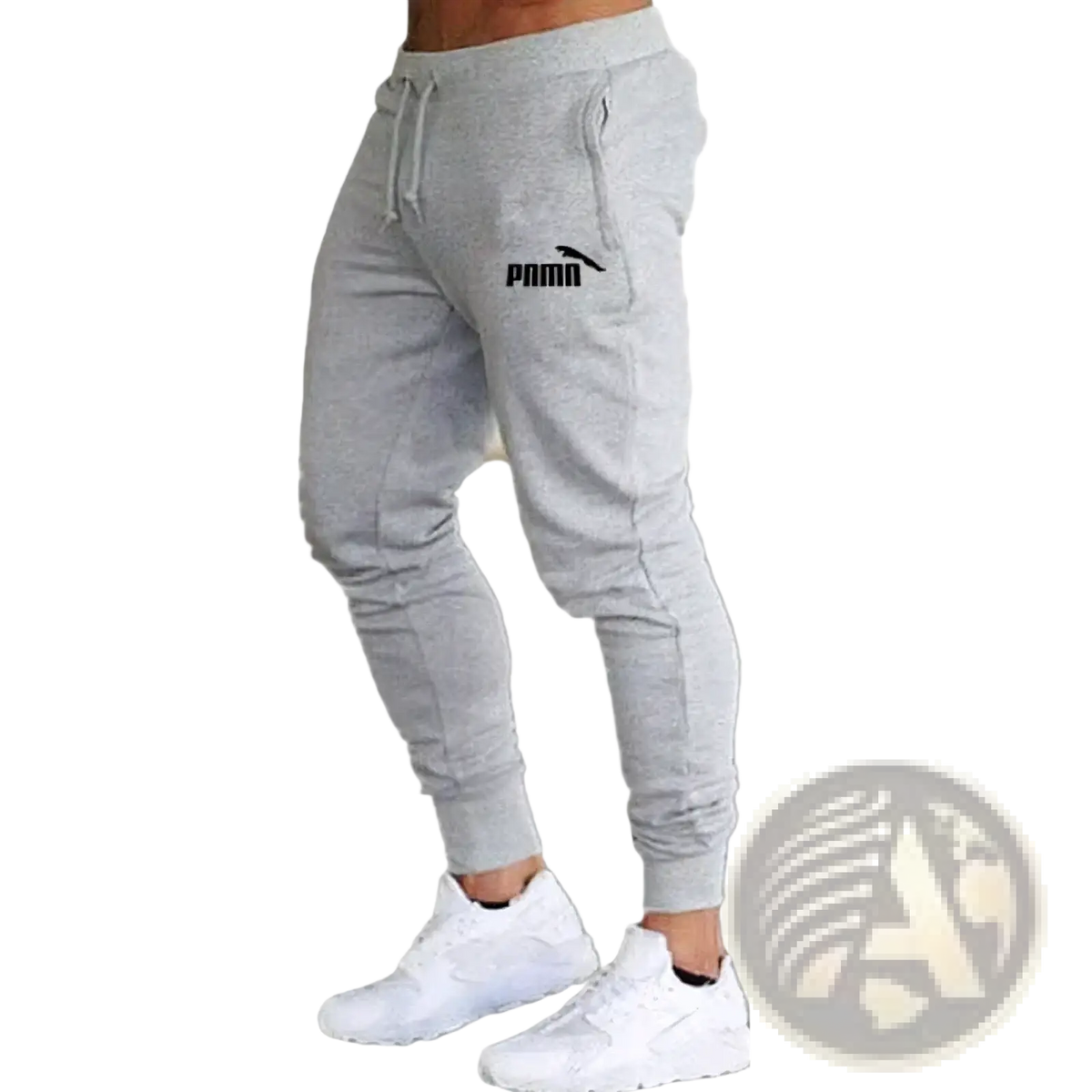 Men’s lightweight gray puma jogger pants with a black logo on the thigh designed for casual sports use