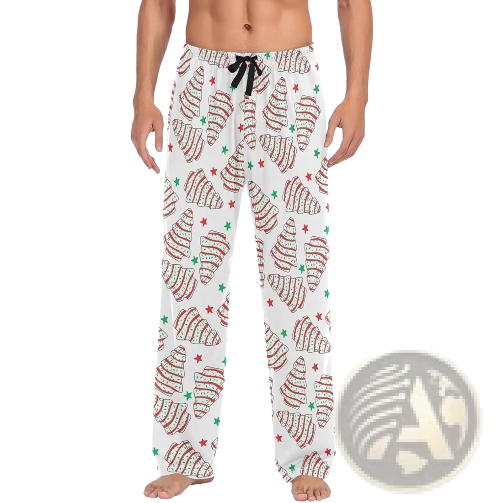 Men’s lightweight white pajama pants with red and green croissant print and black drawstring waistband