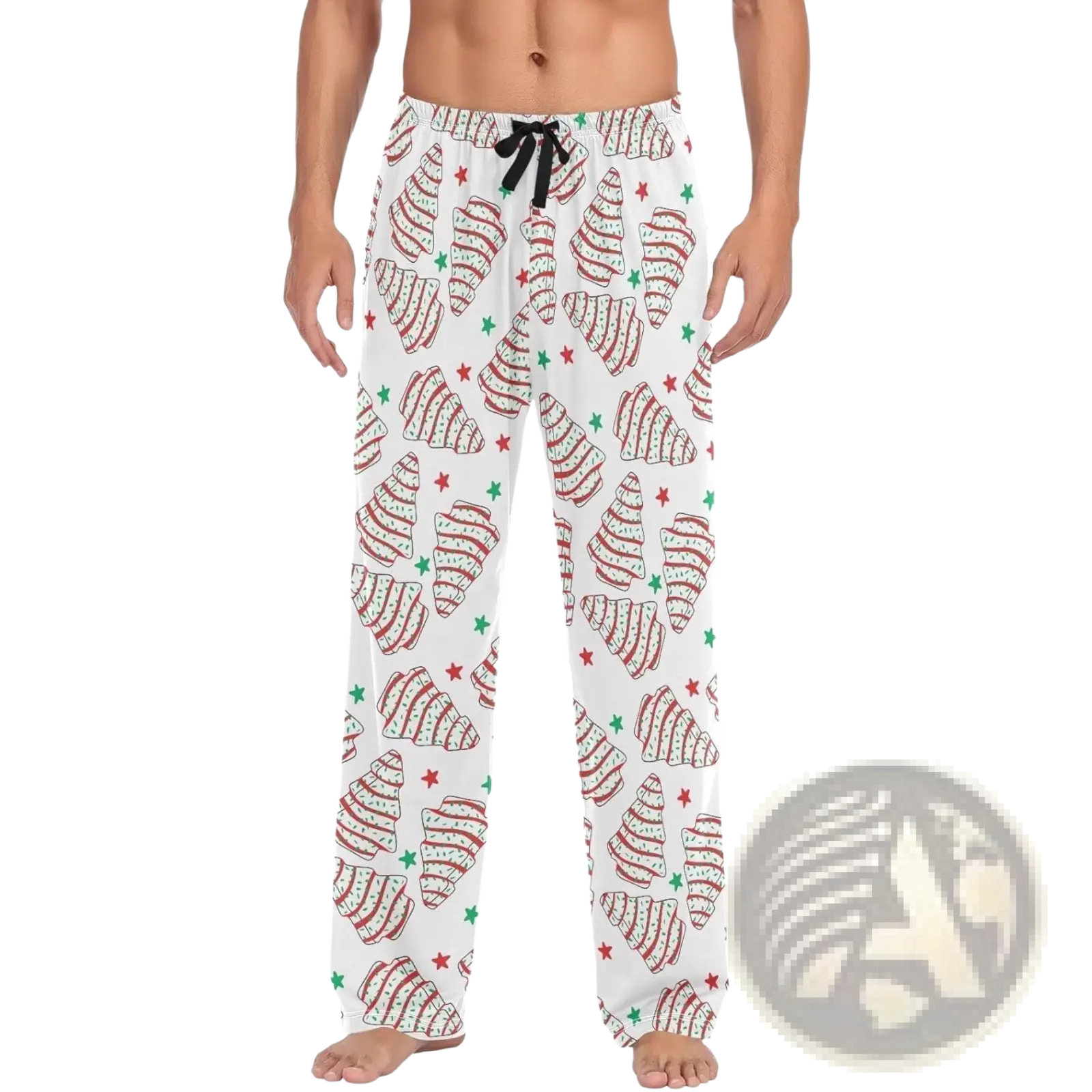 Men’s lightweight white pajama pants with red and green croissant print and black drawstring waistband