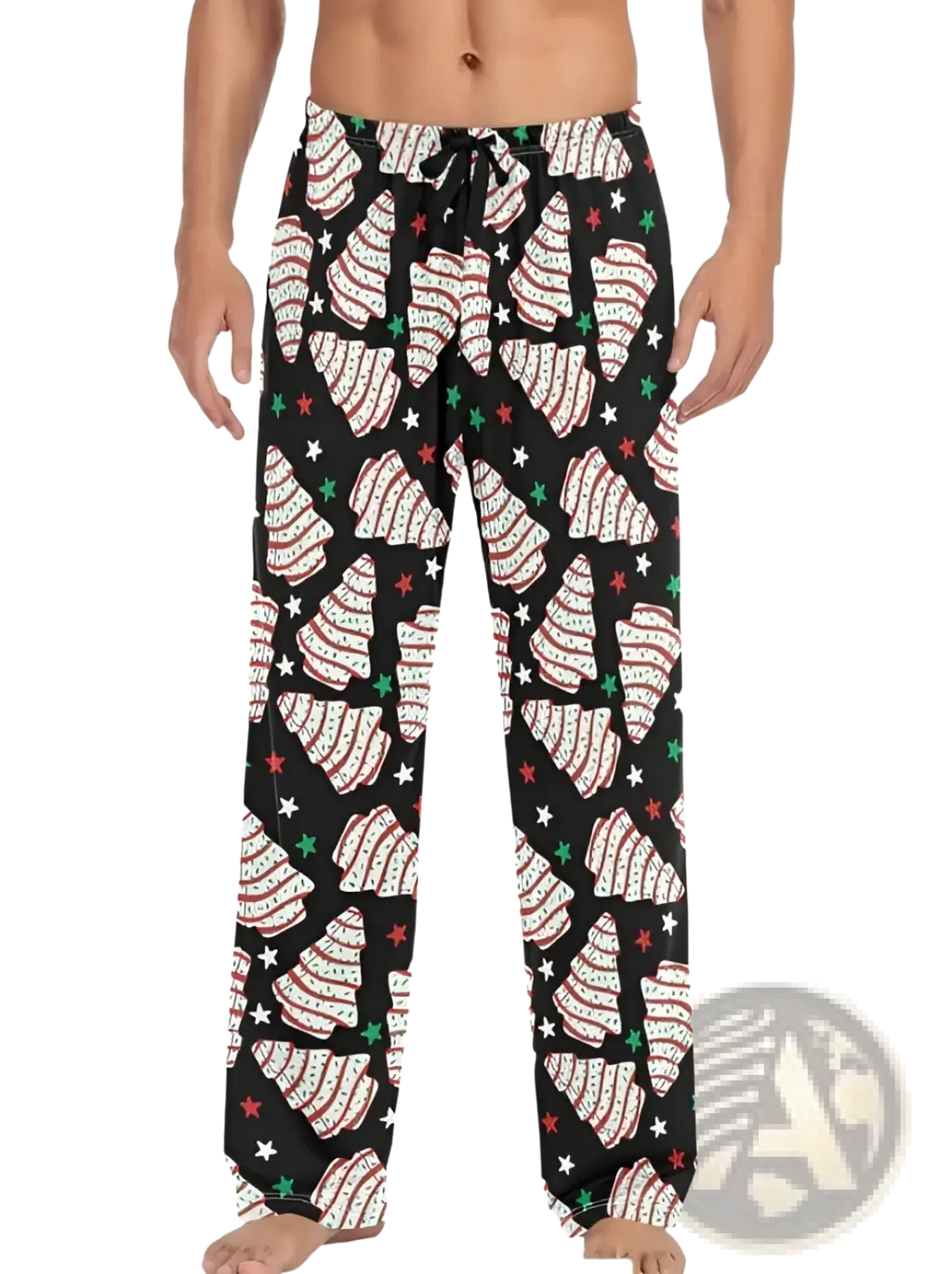 Men’s lightweight black pajama pants with drawstring featuring festive white and red candy cane pattern and green stars