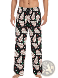 Men’s lightweight black pajama pants with drawstring featuring festive white and red candy cane pattern and green stars