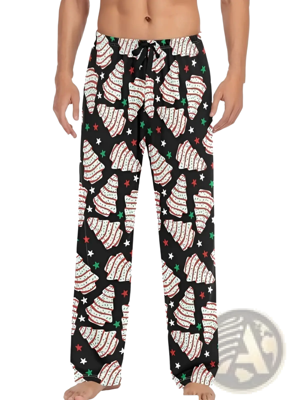 Men’s lightweight black pajama pants with drawstring featuring festive white and red candy cane pattern and green stars