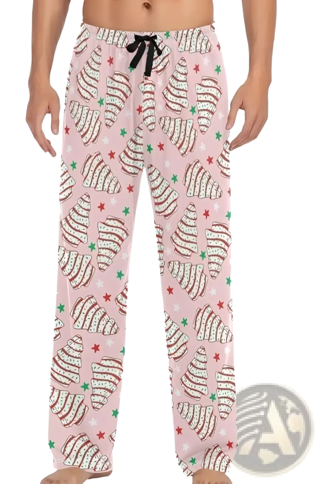 Men’s lightweight pink pajama pants with black drawstring featuring croissant and star print for comfortable lounging