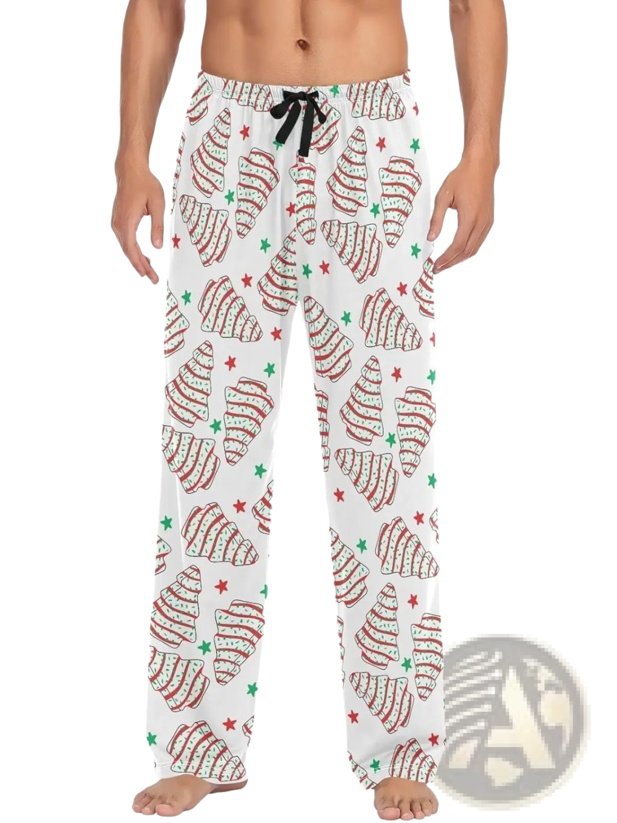 Men’s lightweight white pajama pants with red and green striped croissant print and black drawstring waistband