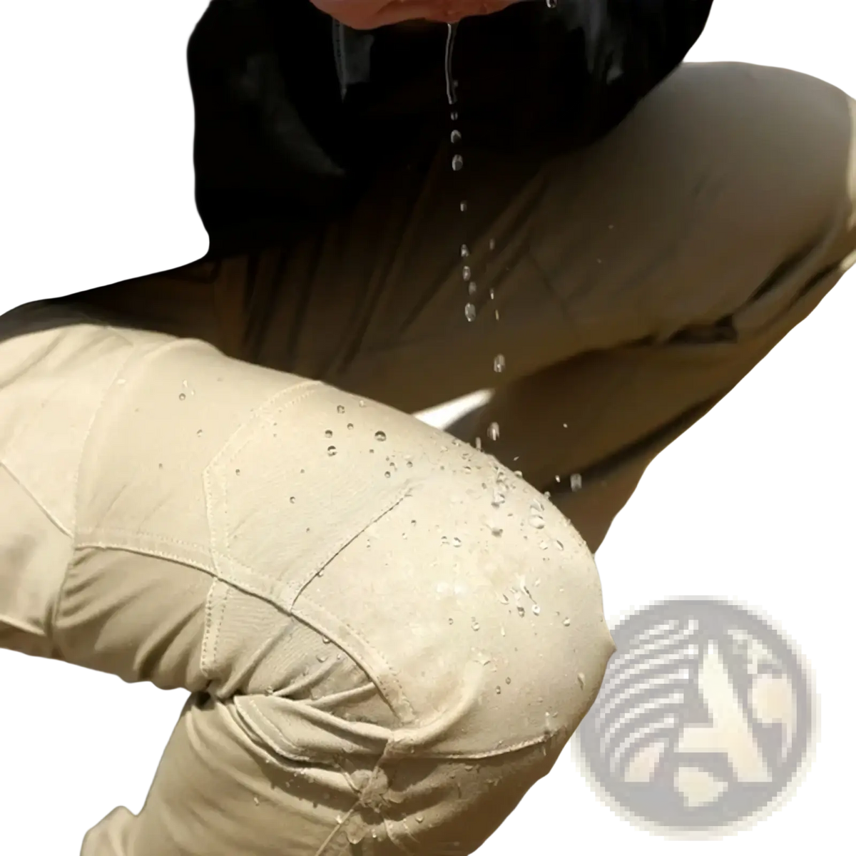 Beige mens lightweight tactical cargo pants with reinforced knee patches and subtle stitching details