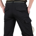 Mens lightweight tactical cargo pants in black featuring multiple pockets and subtle patterned belt loop details