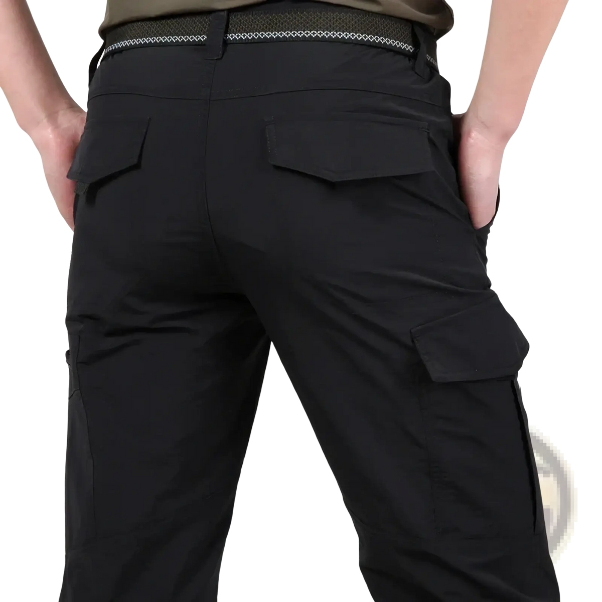 Mens lightweight tactical cargo pants in black featuring multiple pockets and subtle patterned belt loop details