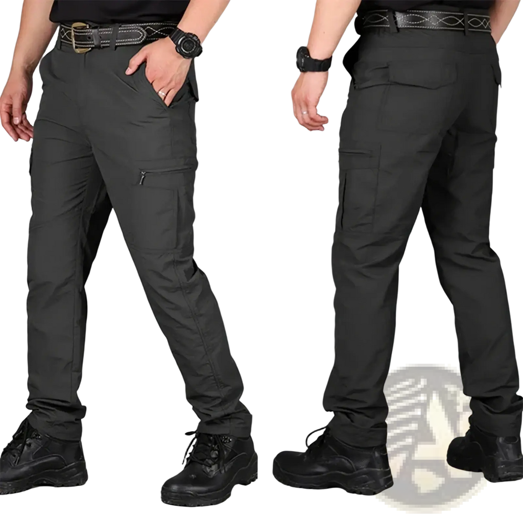 Mens lightweight tactical cargo pants in black with multiple pockets and durable fabric for rugged use