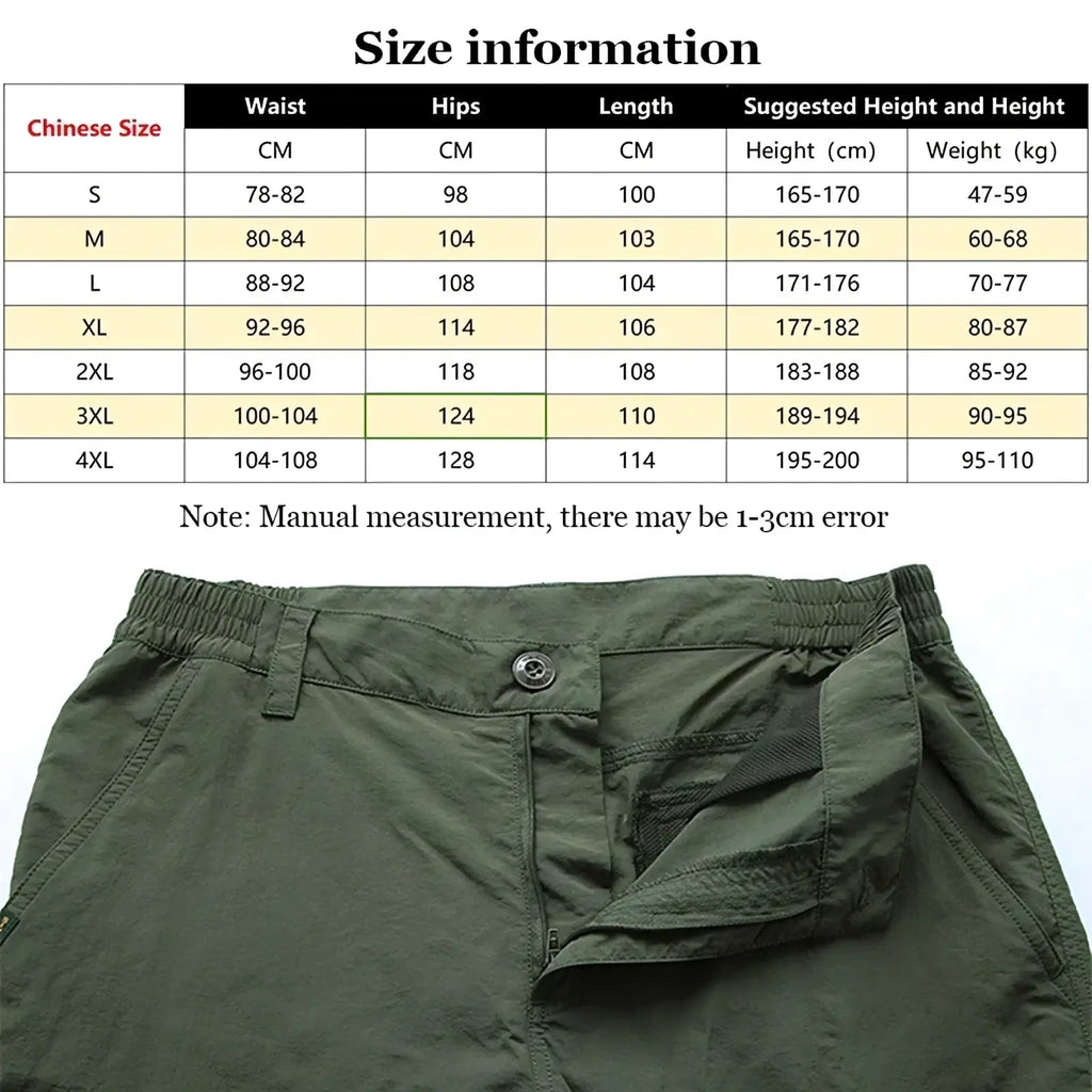 Mens lightweight tactical cargo pants in olive green with elastic waistband and side pockets made of lightweight fabric