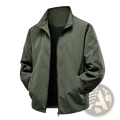 Men’s olive green lightweight windproof waterproof jacket with stand-up collar and front zipper closure