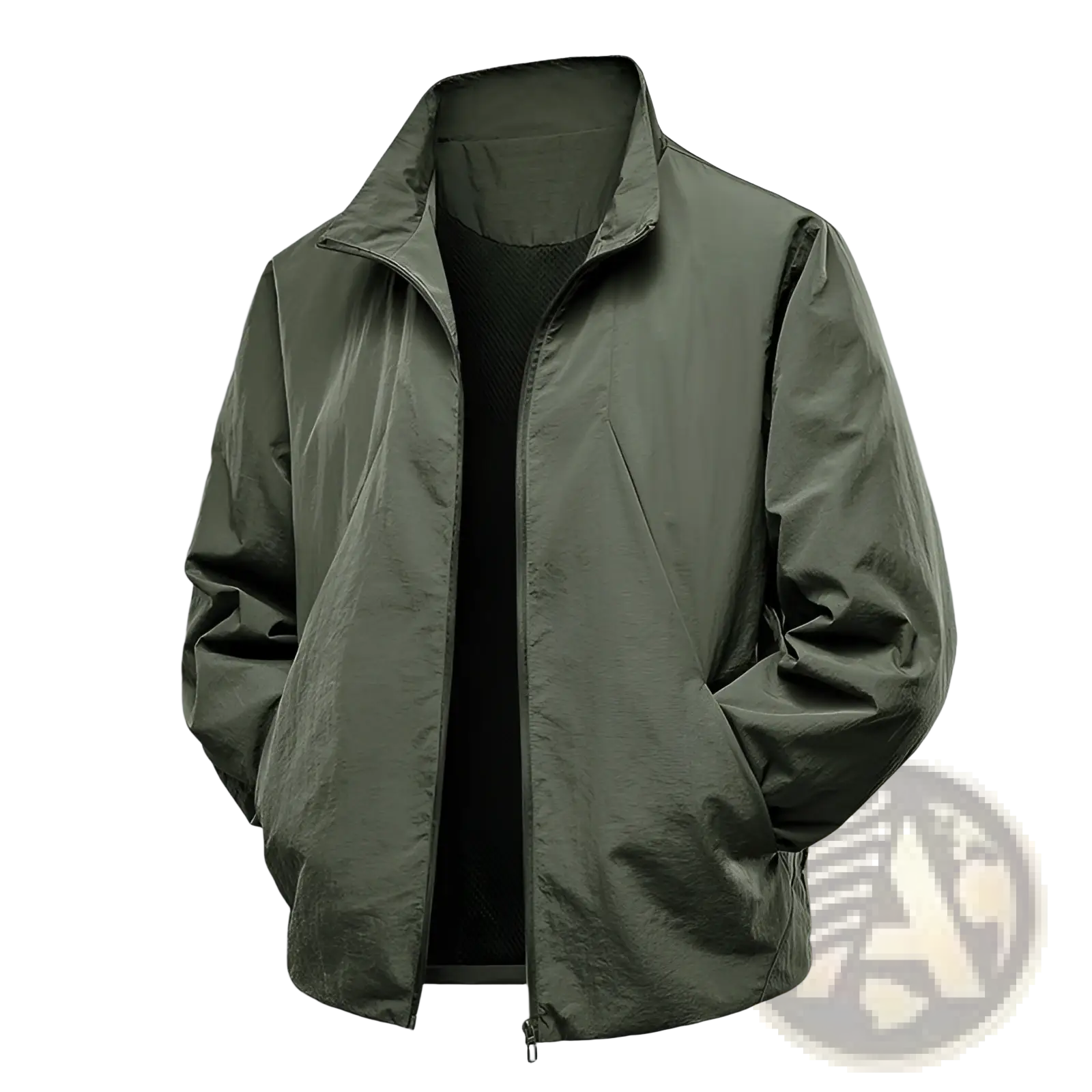 Men’s olive green lightweight windproof waterproof jacket with stand-up collar and front zipper closure