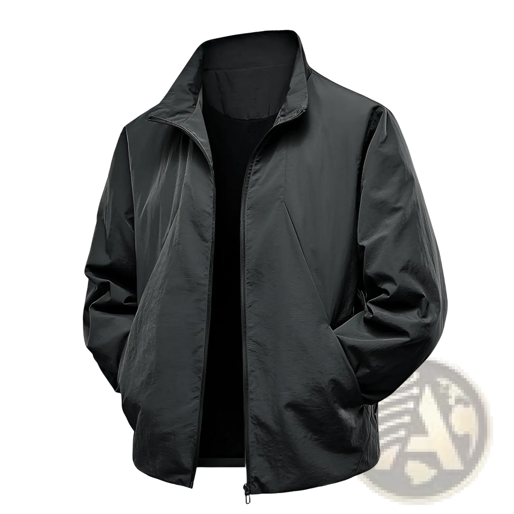 Black lightweight nylon men’s windproof waterproof jacket with stand-up collar and front zipper closure