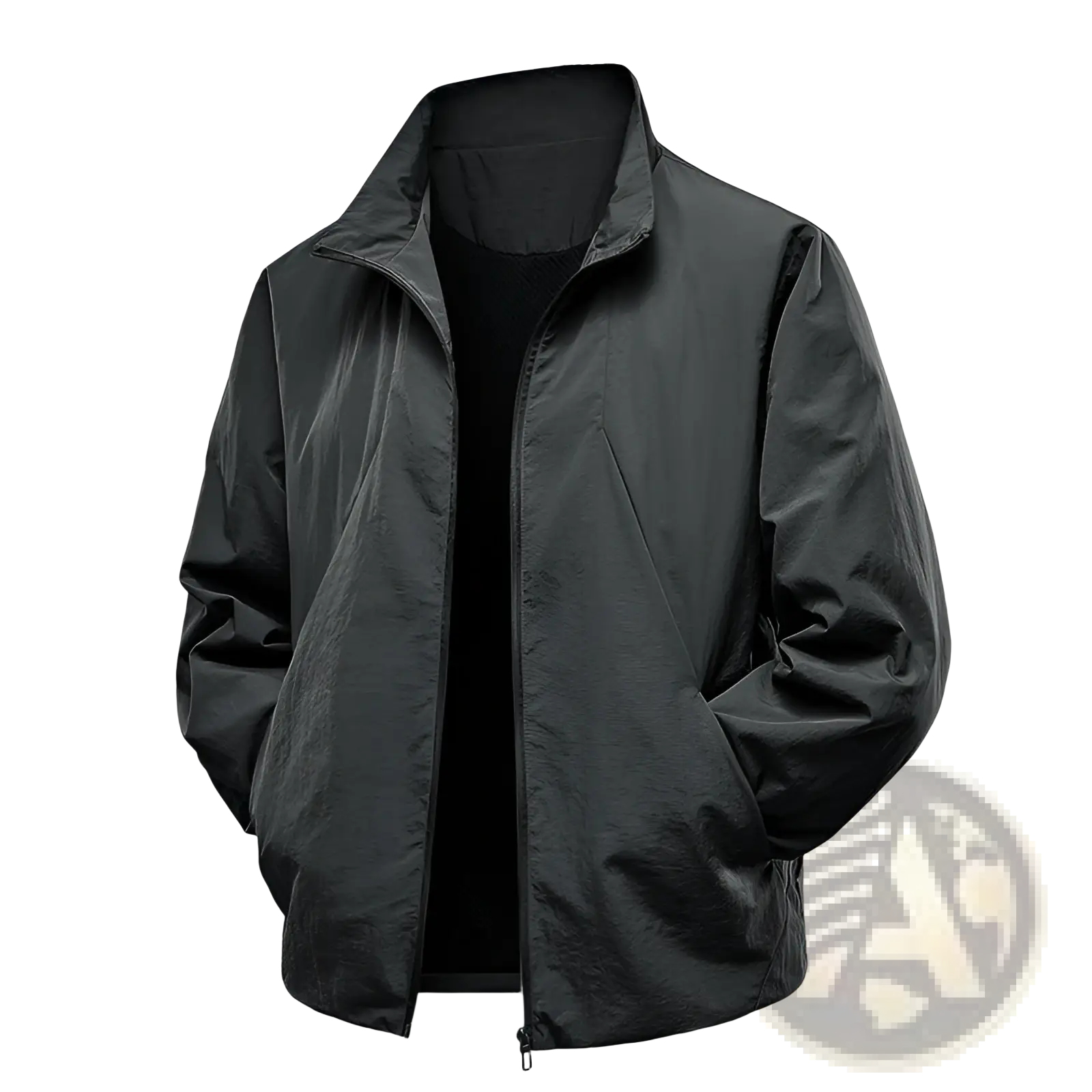 Black lightweight nylon men’s windproof waterproof jacket with stand-up collar and front zipper closure