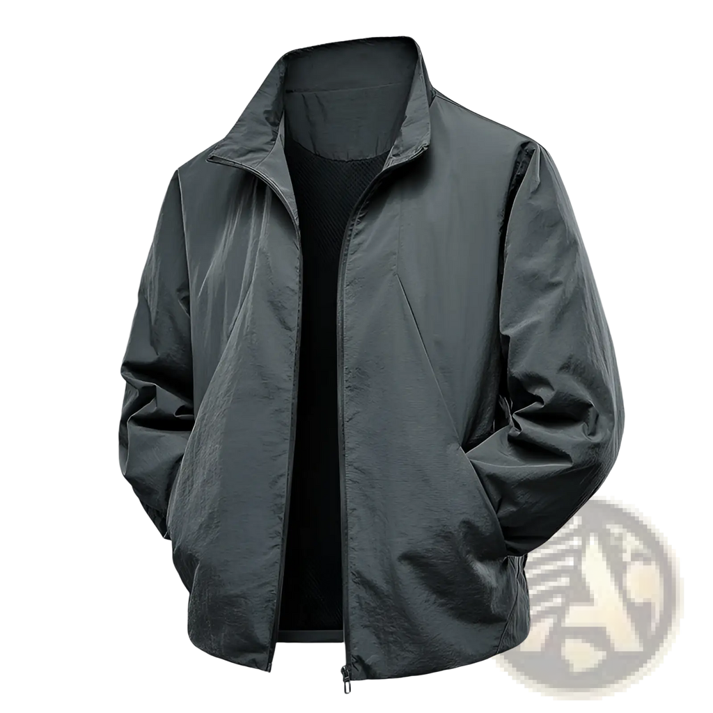 Men’s dark gray lightweight windproof waterproof jacket with sleek modern design and subtle sheen zip-up front