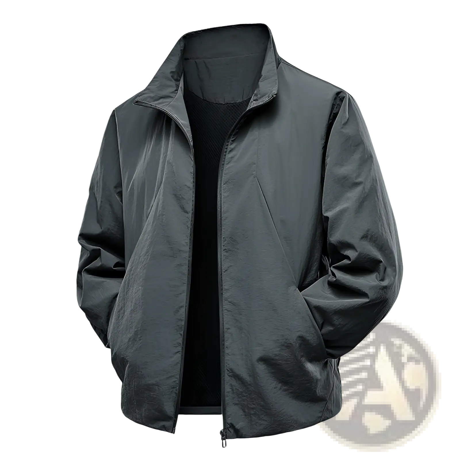 Men’s dark gray lightweight windproof waterproof jacket with sleek modern design and subtle sheen zip-up front
