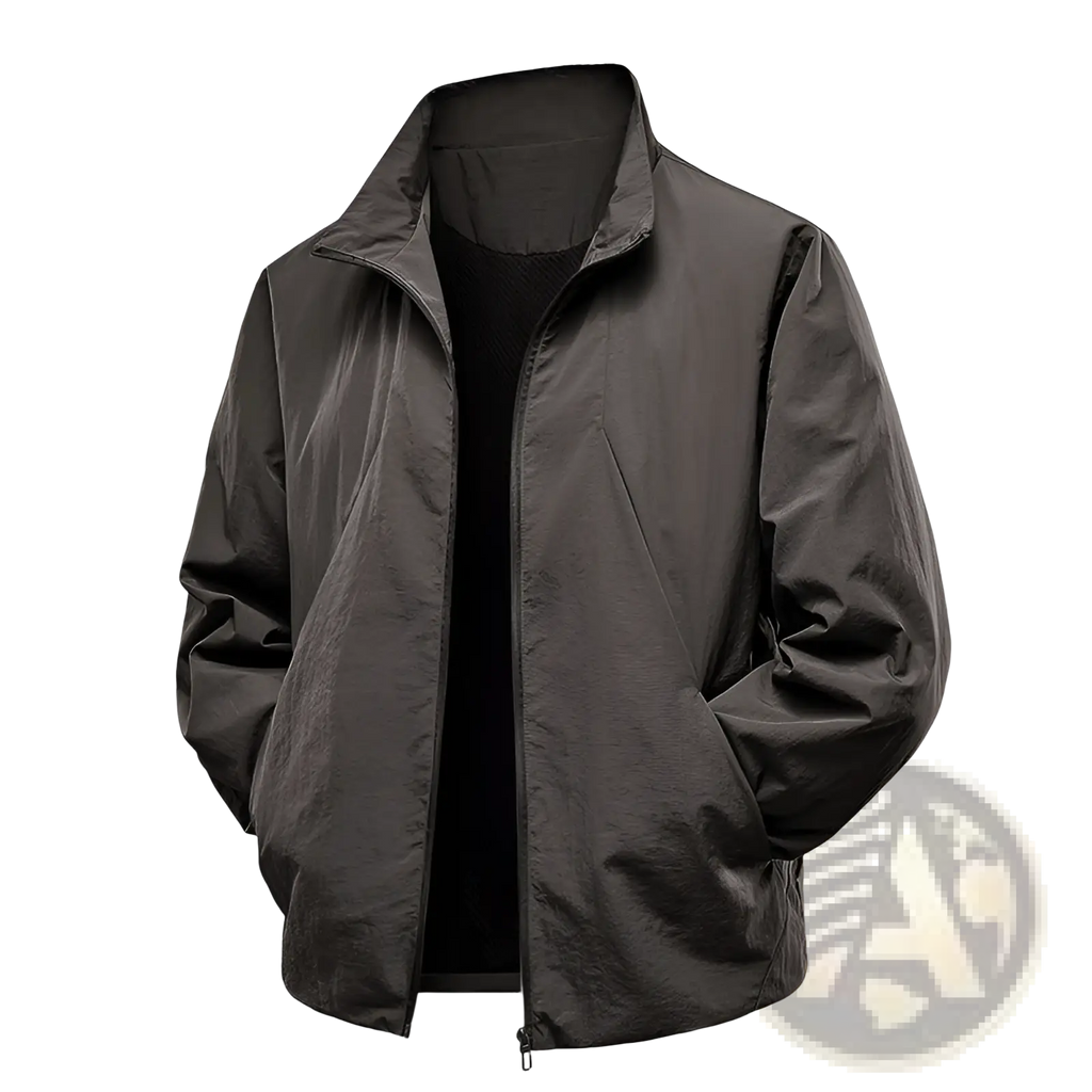 Men’s dark gray lightweight windproof waterproof zip-up jacket with a sleek modern design and subtle sheen