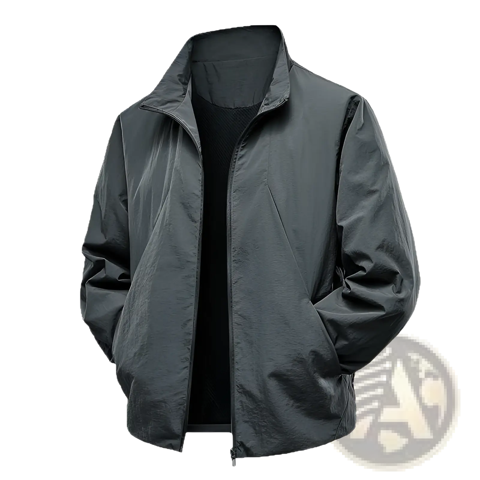 Men’s dark gray lightweight windproof waterproof zip-up jacket with sleek modern design and subtle texture