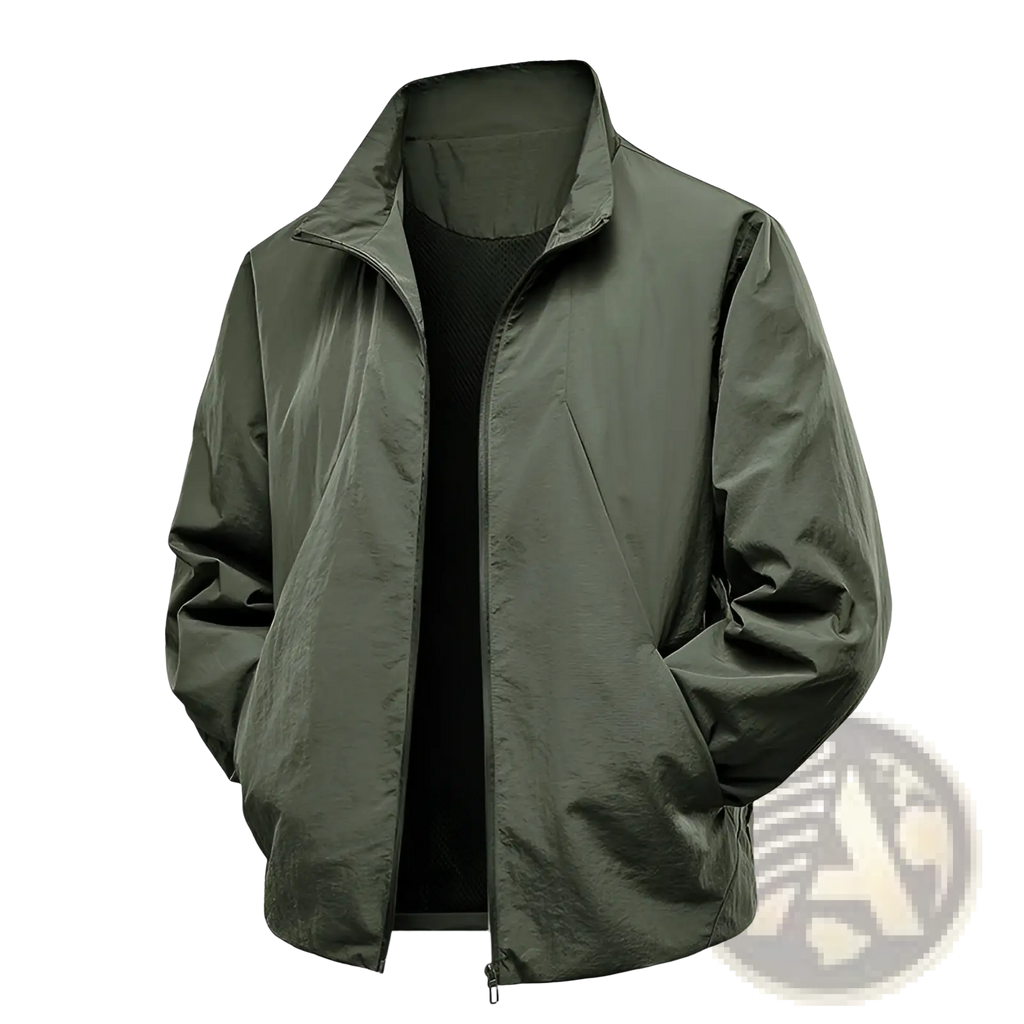 Men’s olive green lightweight windproof waterproof jacket with stand-up collar and front zipper made from smooth fabric