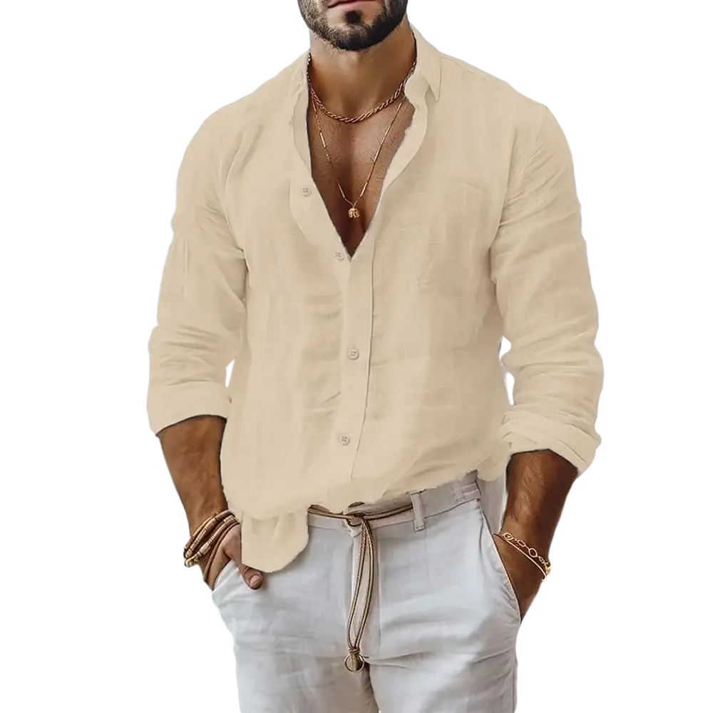 Men’s linen beach shirt in beige with button-down front, rolled sleeves, and a relaxed fit made of linen fabric