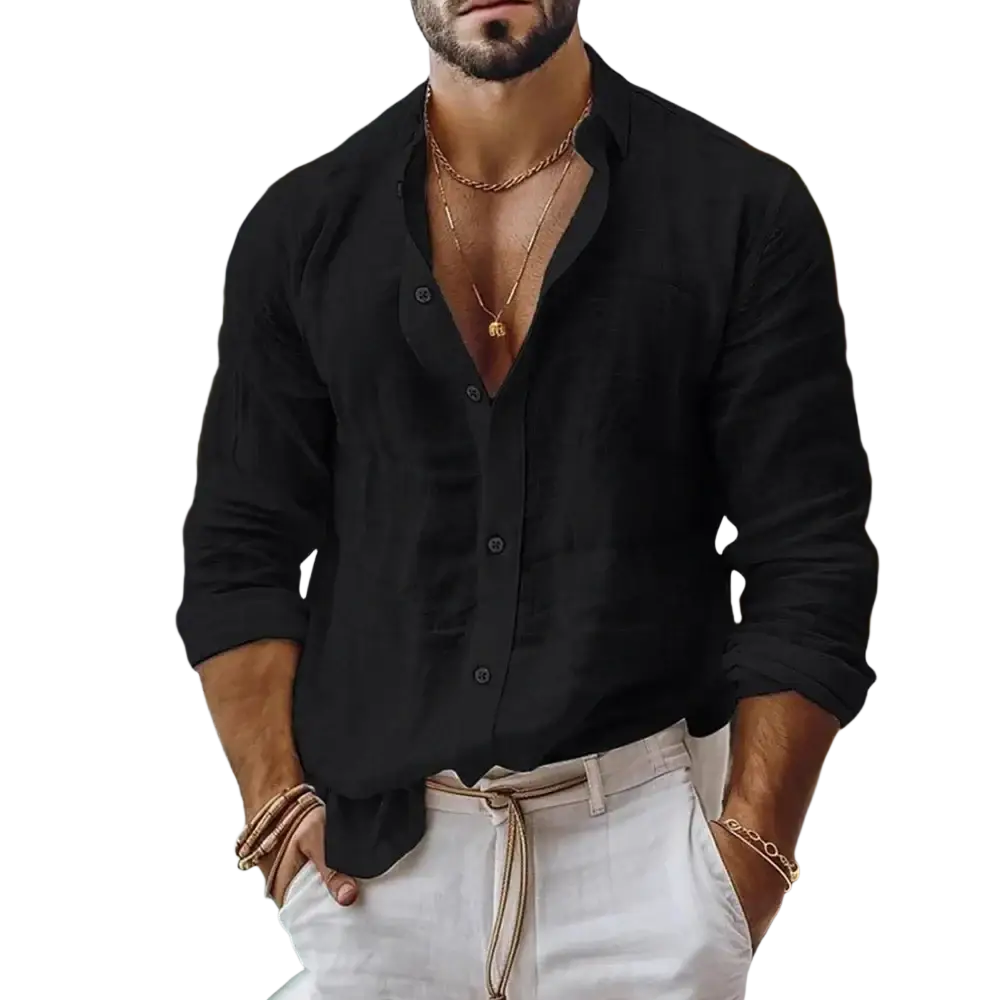 Men’s linen beach shirt black linen button-down with rolled sleeves and relaxed fit for casual beachwear