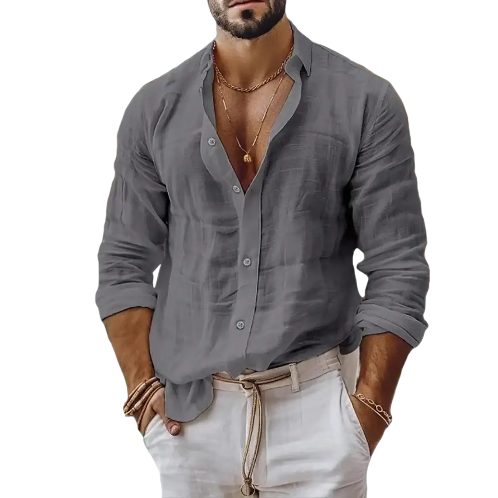 Men’s gray linen beach shirt with a relaxed fit, button-down front, and rolled sleeves for casual wear