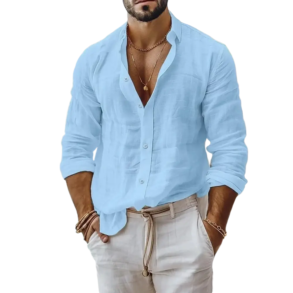 Men’s linen beach shirt in light blue with long sleeves rolled up made of lightweight breathable fabric