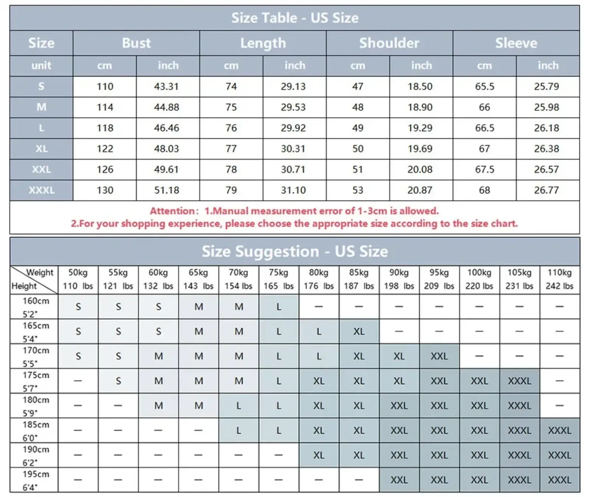 Us size chart for men’s linen beach shirt showing bust length shoulder and sleeve measurements in cm and inches
