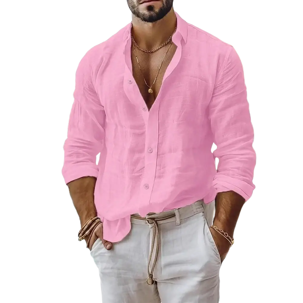 Men’s linen beach shirt in soft pink with long sleeves and lightweight fabric ideal for warm weather