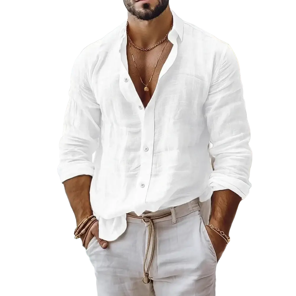 White linen button-down men’s linen beach shirt with rolled sleeves and relaxed fit for casual wear