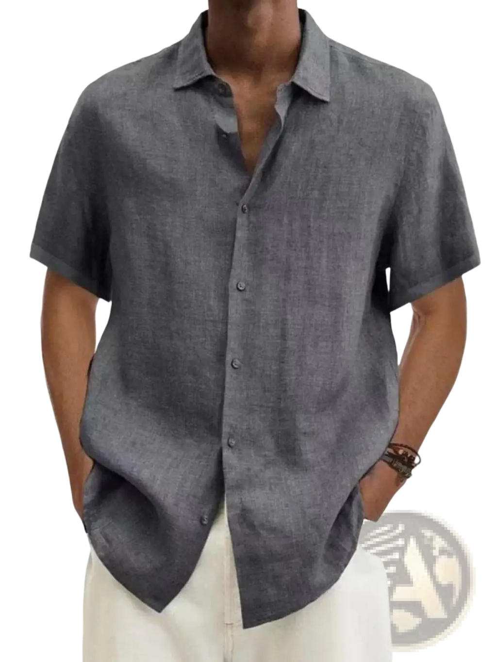 Men’s gray short-sleeved linen blend casual shirt with subtle textured weave and classic collar