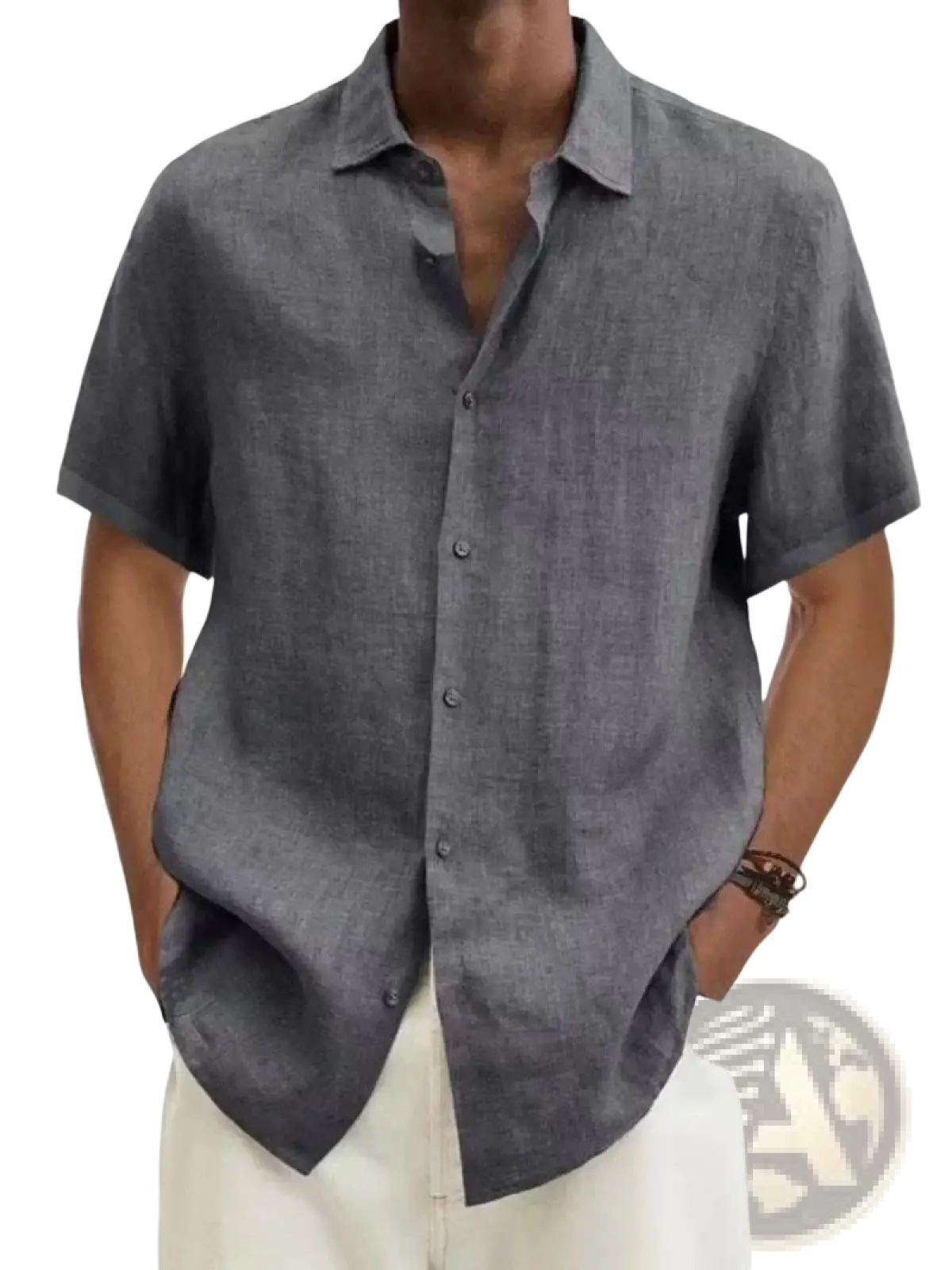 Men’s gray short-sleeved linen blend casual shirt with subtle textured weave and classic collar