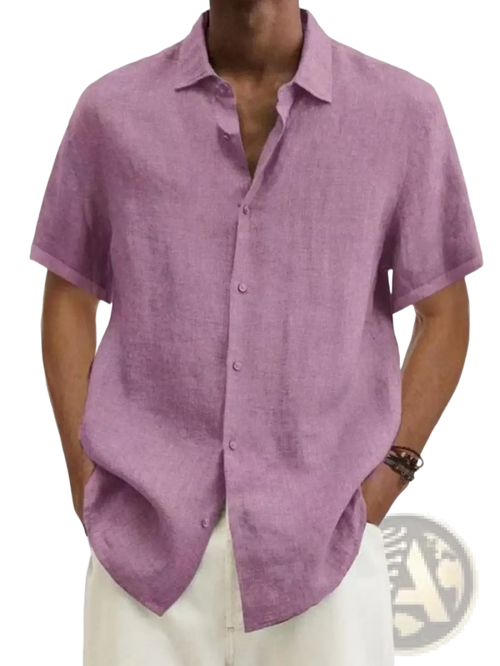 Men’s soft lavender linen blend casual short sleeve shirt with classic collar and button-down front